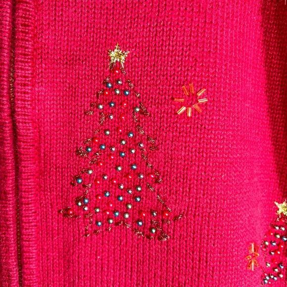 Vintage Croft & Barrow Red Cardigan Sweater with Beaded Christmas Trees - Size S - Picture 5 of 10